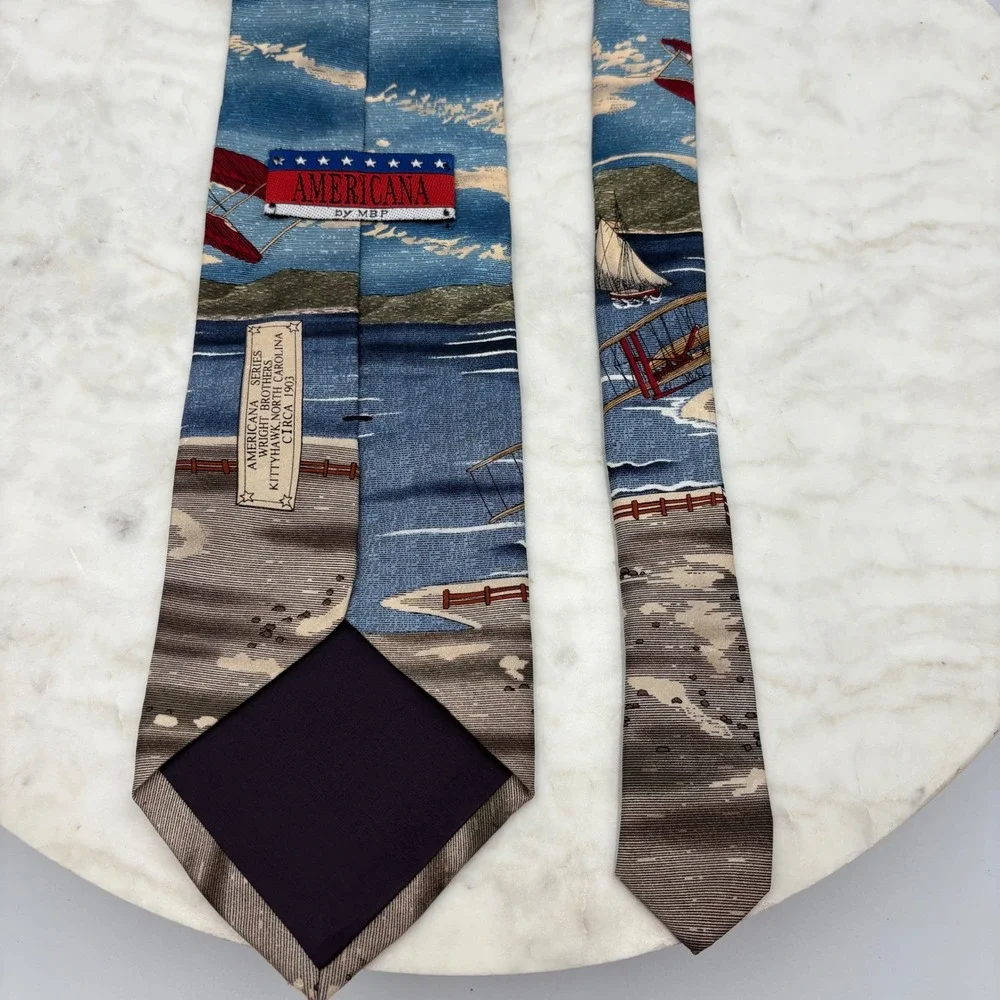 Vintage Americana Airplane Flag Boat Water Necktie‎ Coastal Patriotic USA 56
